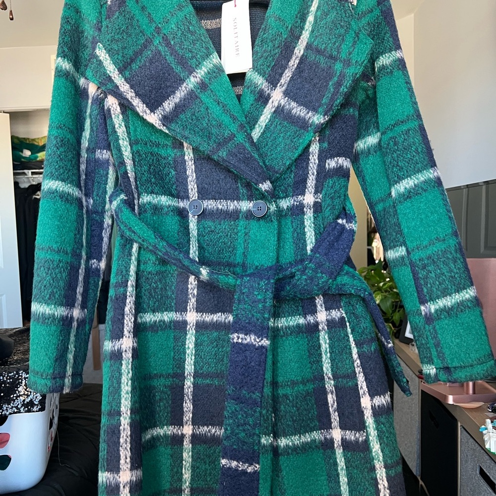 Solitaire Emerald and Navy Plaid Trench Coat